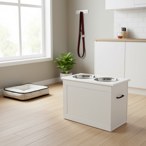 Stazione di Alimentazione per Animali Domestici Bianca con Ciotole in Acciaio per Cani, 2 in 1, per Alimentazione e Conservazione, Uso Interno, Design Moderno - Product Image 2