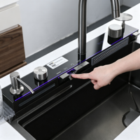 Ensemble de robinetterie de cuisine 30 pouces gris anthracite moderne carré avec pulvérisateur extractible Nano, cascade, affichage LED, rince-verre, monotrou à montage supérieur
