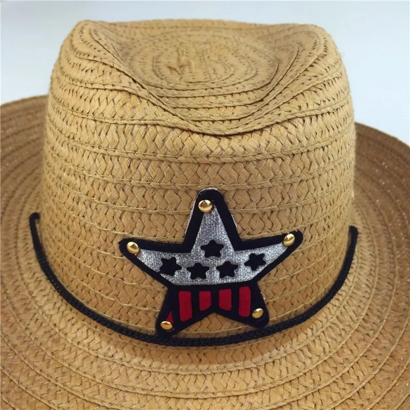 Милая Детская джазовая ковбойская шляпа, летняя соломенная шляпа для мальчиков и девочек, шляпа от солнца с пятью звездами и нашивкой