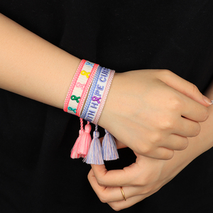 Pulseras <span class=keywords><strong>de</strong></span> la <span class=keywords><strong>Amistad</strong></span> Tejidas al por Mayor para Mujer, Conciencia sobre el Cáncer <span class=keywords><strong>de</strong></span> Mama, Fe, Esperanza, Curación, Tamaño Ajustable, con Borlas - Product Image 2
