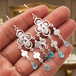 Boucles d'oreilles pendantes uniques en topaze bleue en forme de goutte d'eau, en argent sterling 925 certifié, pour femme, style ethnique, pour mariage, fiançailles, soirée - Product Image 4