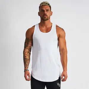Haute qualité Coupe Profonde Muscle T-shirt Pour Hommes En Coton avec Spandex Ourlet Incurvé débardeurs Pour Hommes
