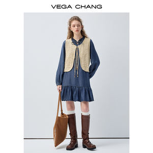 Robe en jean <span class=keywords><strong>à</strong></span> volants VEGA CHANG, gilet en crochet superposé, robe bleue avec détails perles en <span class=keywords><strong>bois</strong></span>, mode féminine - Product Image 3