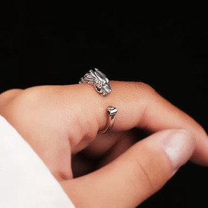 Bague Vintage en Argent avec Tête de Dragon Sculpté, Ouverture Réglable, <span class=keywords><strong>Goth</strong></span>, Rétro Animal Anneaux Hip Hop Plaqué Argent pour Femmes et Hommes - Product Image 5