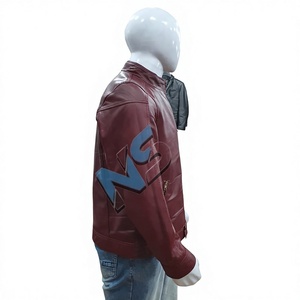 Men's <b>Red</b> Leather <b>Waterproof</b> Bomber <b>Jacket</b> with Blue Letter Print Stand Collar Zipper Closure Casual Autumn Wear - Product Image 3