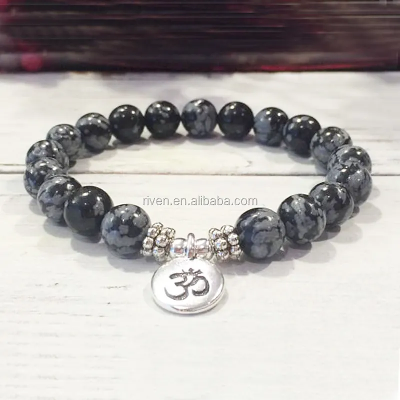 SN1470 Schneeflocke Obsidian OM Heil wurzel Charka Gelassenheit Reinheit Gleichgewicht Loslassen Stress Angst Linderung Armband