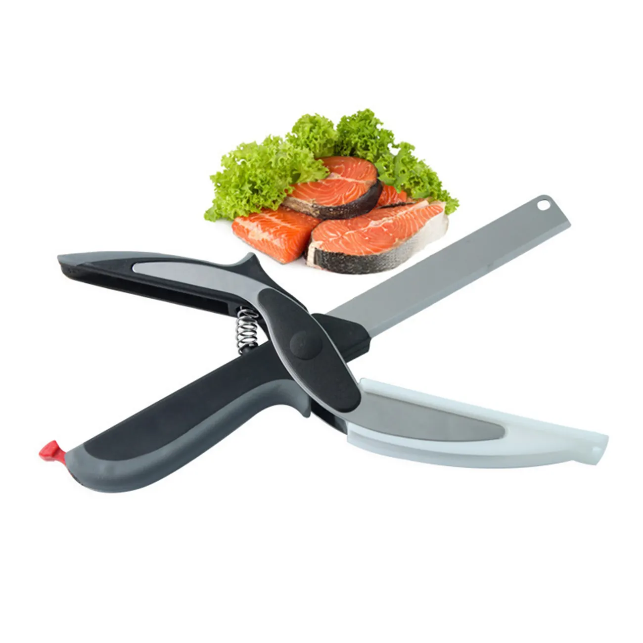 Tijeras multifuncionales de acero inoxidable para alimentos, cortador inteligente de frutas y verduras, 2 en 1, con tabla de cortar