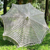 Parasol de plage vintage en dentelle faite main avec pompons en coton, idéal pour le jardin et l'extérieur, personnalisable en Chine