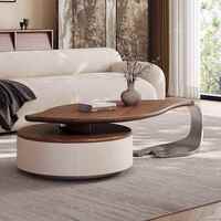 Table basse moderne minimaliste en bois massif de forme irrégulière en forme de feuille avec espace de rangement et plateau en cuir pleine fleur, mobilier de maison
