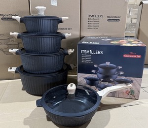 Ensemble de casseroles modernes en aluminium côtelé vertical, 10 pièces, 20-32 cm, casserole, poêle à frire profonde 28 cm, antiadhésif, granit noir, manche en bois, cadeau - Product Image 5