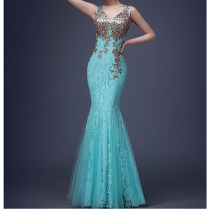 섹시한 환상 Backless 빨간 인어 레이스 드레스 긴 저렴한 아플리케 자수 지퍼 가운 - Product Image 4