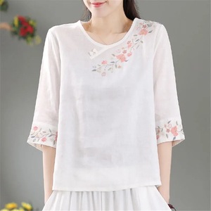 Women's Cotton Linen <b>Shirt</b> Purple Embroidered Floral Mid Sleeve Loose Fit Vintage Style Everyday Wear - Product Image 3