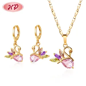 HD- buying wholesale jewelry for resale swan necklace with matching earrings pink cubic zirconia 18kgp jewellery sets