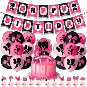 Princesa Boneca Aniversário Banner Meninas Balões Cupcake Toppers Bolo Topper para Hot Pink Girl Theme Birthday Party Supplies A3237