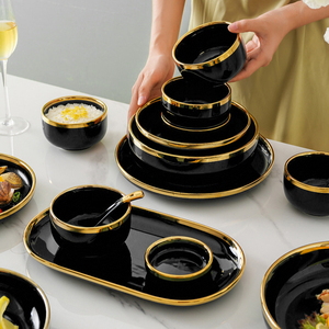 Piatti da portata all'ingrosso da 7,5/8/9/10/12 pollici in porcellana di lusso, neri brillanti <span class=keywords><strong>con</strong></span> bordo dorato, stoviglie in ceramica per uso domestico - Product Image 3