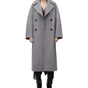 Hot selling spring style high ash double-breasted lapel long sleeve loose coat for ladies