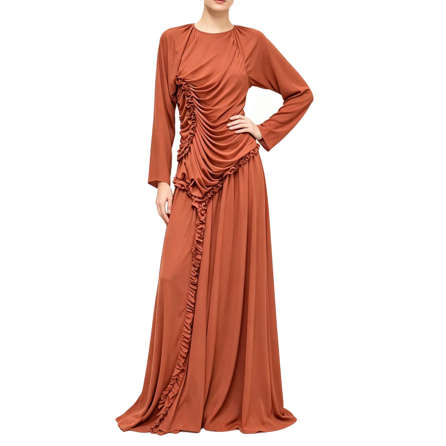 burnt orange formal dress with sleeves Burnt orange satin prom dress ballgown with pockets fg3911