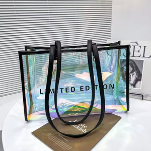 Bolso de compras promocional de PVC láser holográfico con logotipo personalizado de gran oferta con asa de cuero PU MOQ bajo y a la moda - Product Image 4