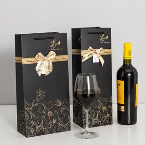 Factory high quality custom printing foldable black gift packaging paper bottle wine bags with logo