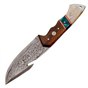 Couteau de chasse artisanal en acier Damas, lame à pointe tombante, manche en bois avec virole dorée et incrustation turquoise, à bas prix - Product Image 1