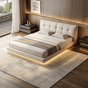 Lit flottant au design minimaliste en acier inoxydable et carbone, avec <span class=keywords><strong>pieds</strong></span> dissimulés, cadre de lit plateforme, <span class=keywords><strong>sommier</strong></span> suspendu - Product Image 4