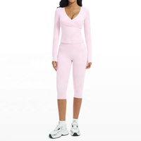 Ensemble de yoga respirant et à séchage rapide pour femme 2026 – T-shirt de sport à manches longues et legging 3/4 en tissu brossé uni – Tenue de fitness