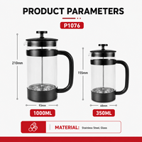 Cafetière manuelle portable en acier inoxydable, presse française, filtre à double paroi résistant à la chaleur, infuseur à thé en verre avec couvercle