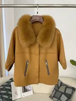 Poncho en tricot avec col en vraie fourrure de renard et de raton laveur, pour femme, manches courtes, vêtement d'extérieur chaud pour le bureau, automne-hiver
