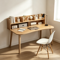 Bureau d'ordinateur personnalisé et durable avec étagère, pieds coniques, bords arrondis, ton clair, écologique, montage facile