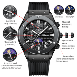 Fabricant de montres Montre lumineuse à grille superposée Texture Phase lunaire Montre chronographe à quartz en silicone pour hommes Style sportif - Product Image 2