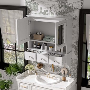 4 In 1 Bathroom <b>Mirror</b> Cabinet 24 Inch Wall Mounted With Drawers Organizer Hooks High Define <b>Mirrors</b> - Product Image 4