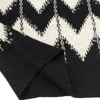 Pull en maille à col rond pour femme, imprimé chevron, manches longues bouffantes, jacquard à sequins, motif noir et blanc, pull décontracté