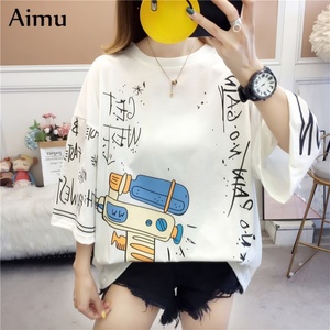 Camiseta de algodón extragrande para mujer, divertida, estampada, sin cuello, de media manga, tops de moda que combinan con todo - Product Image 2
