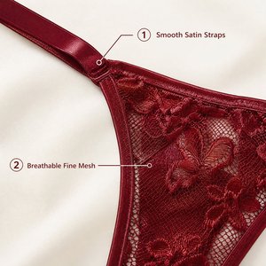Set di Lingerie Sexy <span class=keywords><strong>Bordeaux</strong></span> con Pizzo Floreale, <span class=keywords><strong>Reggiseno</strong></span> Triangolare e Perizoma in Jersey Trasparente Traspirante, 2 Pezzi, Produzione Diretta con MOQ Basso - Product Image 4