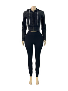 ชุดเซ็ต 2 ชิ้น เสื้อแจ็คเก็ตผ้าฝ้ายฟอกสีสไตล์วินเทจสำหรับผู้หญิง พร้อมกางเกงเลกกิ้งลำลอง ชุดเซ็ต 2 ชิ้น กางเกงจ็อกเกอร์ ชุดเซ็ตผู้หญิงมีฮู้ด - Product Image 3