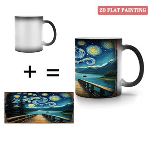 Taza de Cerámica Negra Esmerilada de 11 oz para Sublimación, Taza Sensible al Calor con Diseño de Pintura de Noche Estrellada - Product Image 4