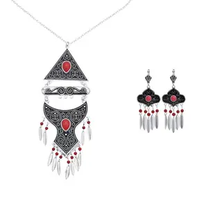 复古银色金属红色黑色蓝色石头项链耳环套装女性波西米亚吉普赛派对珠宝套装