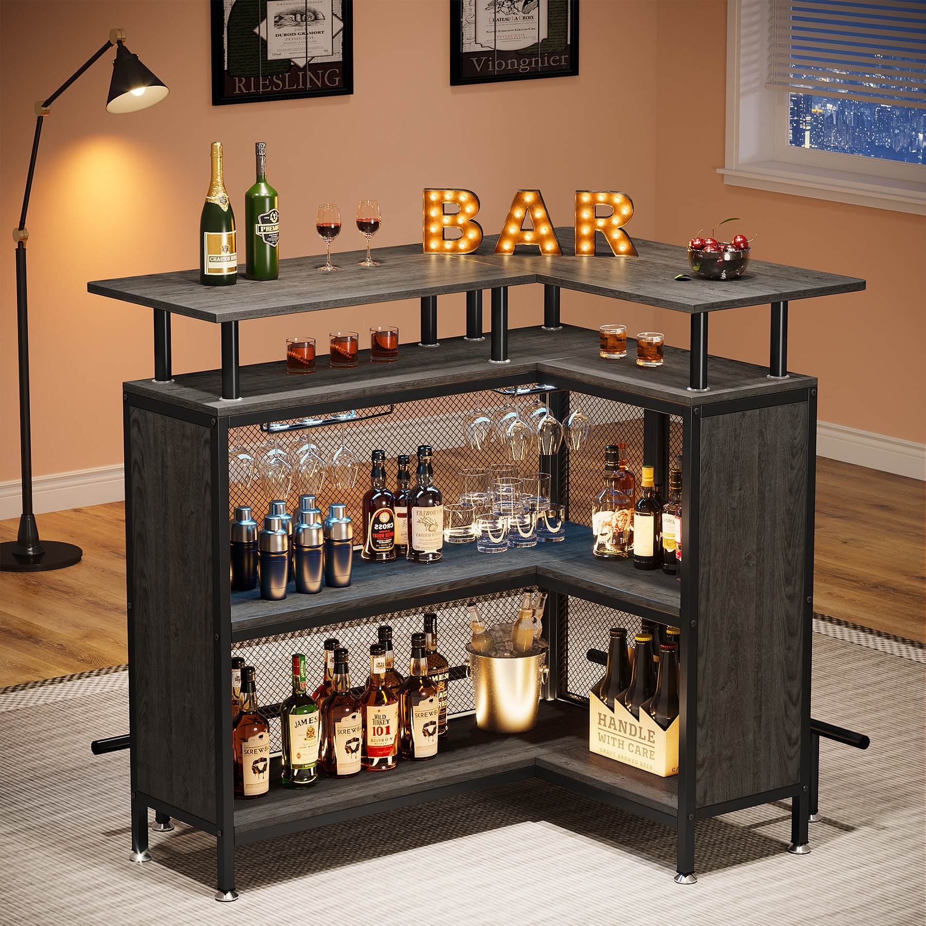 Etagère à Bouteilles 3 Niveaux Avec Tiroirs Coulissants - Noir, Design Vintage, Pour Coin Ou Mur - Whisky, Vin, Liqueurs