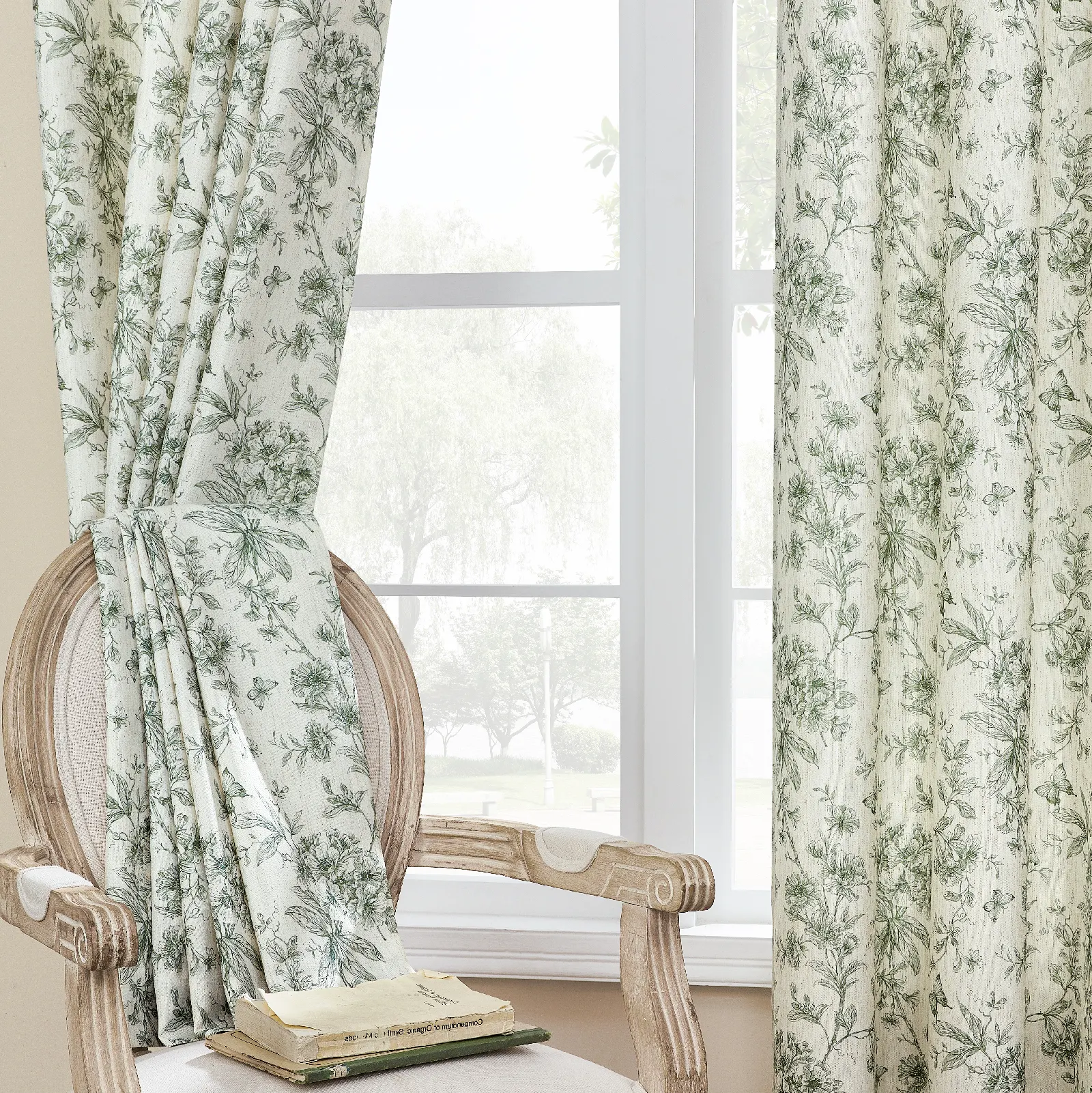 Green printed Light Reducing Linen Curtains Pencil Sketch Style Floral Panels Suitable for spring and summer blackout curtain