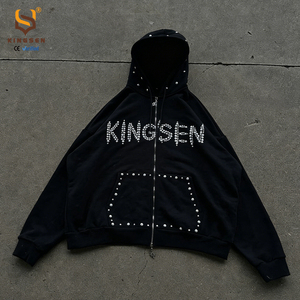 เสื้อฮู้ดดี้ผู้ชายไซส์พลัสแบบสั่งทำพิเศษ ทรงโอเวอร์ไซส์ แต่งลายปักแบบวินเทจ ซักทำให้ดูเก่า  ประดับคริสตัลเต็มตัว ซิปแบบเต็มตัว - Product Image 1
