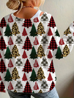 Pull en tricot pour femme à imprimé sapin de Noël, col en V, manches longues, motif écossais et léopard, pour les fêtes