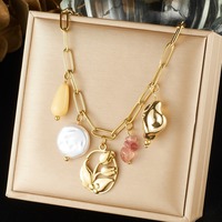 Collier populaire en pierres concassées et perles, avec plusieurs pendentifs, chaîne plate en forme de croix, plaqué or, motif floral, bijoux de luxe légers pour femmes TGXL14883