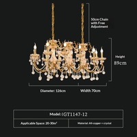 Lustre en cristal long élégant de style européen et américain en cuivre doré français avec LED pour restaurant, luminaire suspendu