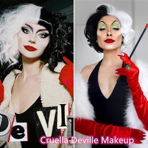 Perruque de cosplay <span class=keywords><strong>Cruella</strong></span>, fabriquée à la machine, en fibre haute température, pour femme, courte, bouclée, noire et blanche, style naturel, couvre-tête complet - Product Image 2