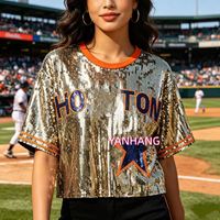Atasan Crop Sequin Oranye Mewah Bordir Bintang Oranye Tim Baseball Houston untuk Wanita Tersedia