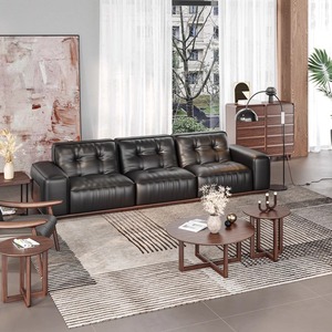 Luxury Ebony Wood Leather <b>Sofa</b> Straight Three Seater Tufted Living Room Set Coffee <b>Table</b> Included - Product Image 2