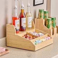 Organisateur de station à café moderne en bambou naturel écologique, support de rangement multi-compartiments pour condiments, tasses et couvercles, accessoire de bar à café
