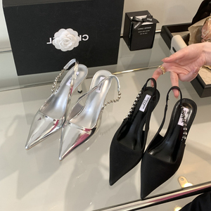 Shiny Silver Women's Pumps-Thin Heel Slingback Stiletto Sandals with Flat Feature and Metallic Crystal for Party Dress <b>Shoes</b> - Product Image 2