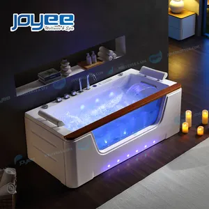 JOYEE banheiras interiores whirlpools única pessoa acrílico massagem banheira com jato moderna bolha banho teca madeira superfície banheira