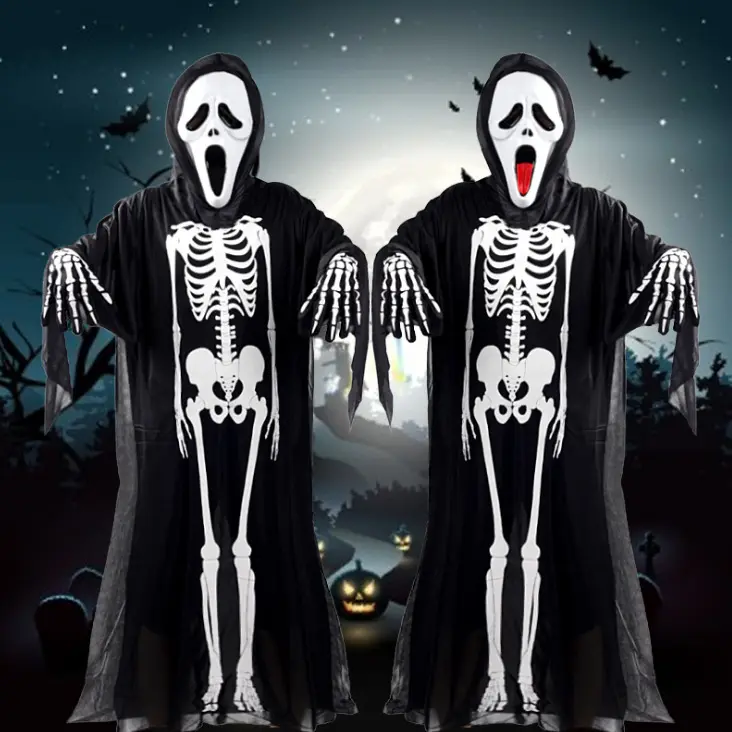 Halloween Adults Kids Cosplay Ghost Robes Skeleton Printed Masquerade Scary Costumes Cloak Carnival Party Clothes Stage Wear